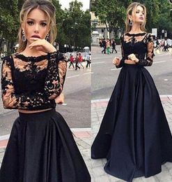 Black Two Pieces Prom Dresses Sexy Lace Long Sleeves See Through Top Elegant High Quality Floor Length Satin Long Skirt Evening Dr8349647