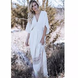 Spring And Summer Womens Bohemian Beach White Cotton Ruffle Dress Solid Colour Long Jumpsuit