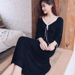 Women's Sleepwear Women Sexy V-neck Modal Sleepshirt Sweet Lace Bow Nightgown Long Full Sleeve Nightdress Lingerie Home Dressing Gown