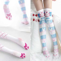 Sexy Socks Fashion Rabbit Cat Paw Pink Blue Stockings Female Bow Love Cute Kawaii Girl Stocking Women Sexy Knee Thigh High Stocking 240416