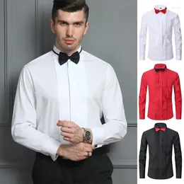 Men's Casual Shirts Mens Tuxedo Shirt With Bow Tie Solid Color Wing Tip Collar Wedding Party Performance Long Sleeve Dress Men Clothing