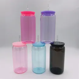 Clear Coloured 16oz Plastic Can Cups Unbreakablea Acrylic Tumbler Reusable BPA Free Sippy Cup Drinking Cold Beverage Mugs With Lids & Straws For UV DTF Wraps