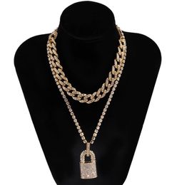 Light Luxury Full DiamondStudded Lock Pendant Necklaces Fashion Exaggerated Retro Personality Multilayer Hiphop Punk Style Cuba4878898
