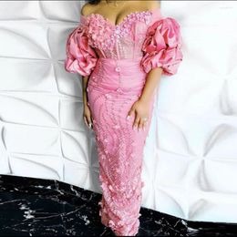 Party Dresses Pink Off The Shouder Prom Lace Appliques Puffy Short Sleeves Evening Gowns African Women Sheath Long Formal Dress