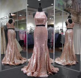 Two Piece Prom Dresses Sequined Rose Gold Scoop Neckline Sleeveless High Slit Mermaid African Backless Formal Dress Long Floor Len6131489