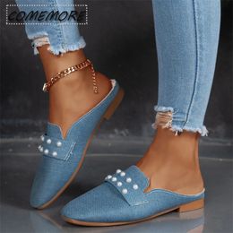 Summer Women Sandals Pearls Leather Denim Round Toe Casual Woman's Shoes Roman Style Flats Party Comfort Slippers Large Size 43 240402