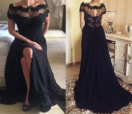 2018 New Arrival Long Black Prom Dress Off Shoulder Short Sleeves Split Evening Dress with Lace Beading Party Dress1857297