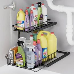 Under Sink Organizers and Storage Rack Metal Shelf Slide Organization Pull Out Drawers Basket Cleaning Supplies 240415