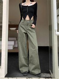 Women's Jeans Green Baggy Harajuku Aesthetic Straight Denim Trousers Y2k Wide Cowboy Pants Vintage 2000s Trashy Oversize Clothes