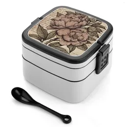 Dinnerware Botanicals-Peonies Vintage Bento Box Portable Lunch Wheat Straw Storage Container Botanical Art Floral