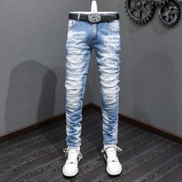 Men's Jeans High Street Fashion Patched Vintage Light Blue Elastic Tight Split Designer Denim Pants Hombre