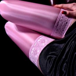 Sexy Socks Colourful 80D Lace Top Silicone Hold Up Thigh High Stockings Vintage Oil Shiny Silky Stockings Women Sexy Pole Dance Clubwear 240416