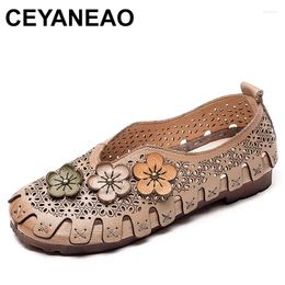 Sandals Ballet Flats Women 2cm Loafer Genuine Leather Slip On Appliques Designer Ladies Comfy Fashion Summer Hollow Shoes