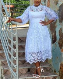 Ethnic Clothing African Lace Dresses For Women Puff Sleeve Robes 2024 Summer Fashion White Sexy Hollow Africa Midi Dress Dashiki