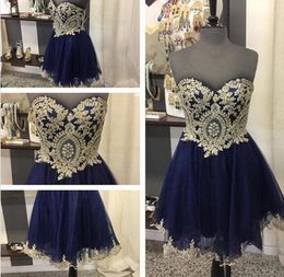 Navy Blue Homecoming Dresses Gold Lace Short Party Bridesmaid Dresses With Sweetheart Neck Lace Up Back Graduation Gown8032955