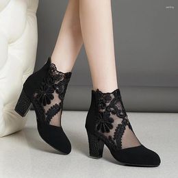 Dress Shoes Women High Heels Lace Flower Ankle Strap Hollow Out Sandals Round Toe Zip Pumps Zapatos De Mujer