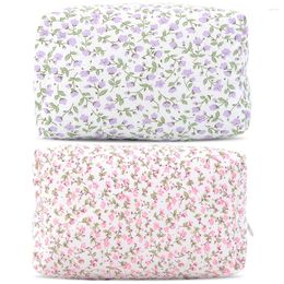 Cosmetic Bags 2PCS Quilted Makeup Bag With Zips Floral Large Capacity Cotton Brushes Storage For Women