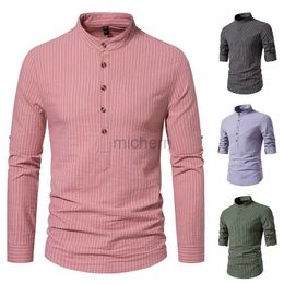 Men's Casual Shirts 2023 Autumn New Henley Collar Mens European Fashion Trend Long Sleeve Striped Shirt 240416