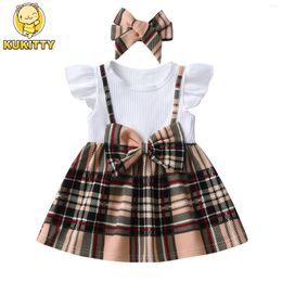 Clothing Sets Summer Born Baby Girl 2pcs Clothes Set Cute Sleeve Round Neck Dresses With Bow Headband Fashion Outfits For Girls