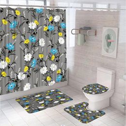 Shower Curtains Yellow Blue White Wildflowers Curtain Set For Bathroom Decor Bath Mat Toilet Lid Cover Carpet Rug Floral Plant Tub Screen