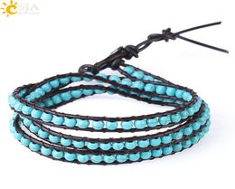 CSJA Bohemian Leather Bracelets Green Turquoise Gemstone Multilayer Beaded Wrap Bracelet for Girls Women 6mm Wide Handmade Boho Je8353493