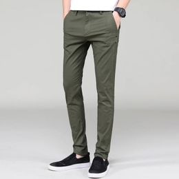 Mens Lightweight Casual Pants Slim Fit Classic Straight Trousers Summer Cotton Joggers Solid Army Green Stretch Male 240415