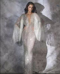 Luxury Evening Dresses Yousef aljasmi Labourjoisie Mermaid Silver Tassels V Neck Kylie Jenner Zuhair muradant Party Prom Dress9794780