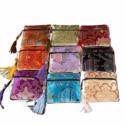 10 Pcs/Lot Brand New Mixed Colour Small Fr Silk Tassel Square Coin Pouch China Zipper Coin Purse Jewellery Bag g21b#