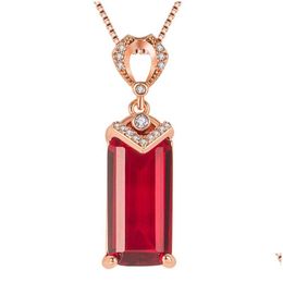 Pendant Necklaces Fashion Atmosphere Big Ruby Trend Naked Stone Rectangar Swiss Red Zircon Crystal Clavicle Chain Necklace Drop Deli Dh2Py