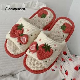 Slippers Comemore Women 2024 Indoor Bedroom Shoes Non-slip Slides Ladies Strawberry Cute Woman Shoe Autumn Home Linen Cotton