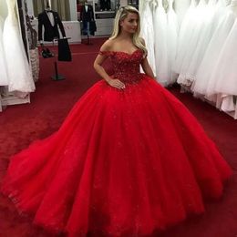 Ball Gown Puffy Quinceanera Off Shoulder Beads Crystals Lace Up Sweet 16 Dresses Prom Vestidos De NEW