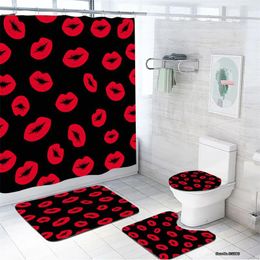 Shower Curtains Fashion Letter Red Lip Pattern Curtain 4-piece Set Of Waterproof Polyester Non-slip Bath Mat Toilet