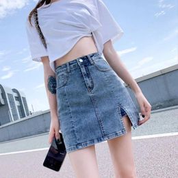 Skirts Vintage A-line Skirt Summer Denim High Waisted Slim Anti-glare Elastic Mini For Women Girl