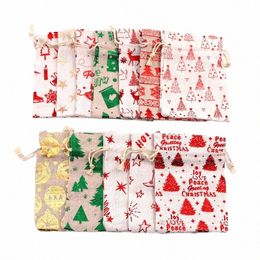 christmas Gift Bag 13*18cm Drawstring Lovely Portable Mini Storage Candy Bag Santa Claus Elk Printed Packaging Cott Bags S0SB#