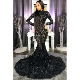 High Neck Shiny Appliques Black Girl Prom Dresses Mermaid Long Sleeve Evening Gowns