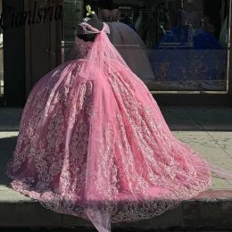 Pink Crystal Beading Sequined Appliques Ball Gown Quinceanera Dresses Off The Shoulder Corset Vestidos De 15 Anos