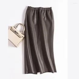 Skirts 2024 Genuine Leather For Women Sheepskin Elastic Waist Wrap Long Faldas Mujer Mid Length Behind Slit Ankle-Length