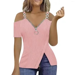 Women's T Shirts Stripe Solid V-Neck Zipper Strap Slim Fit Off Shoulder Short Sleeved T-Shirt Top Women Fashion Blouse 2024 Shirt