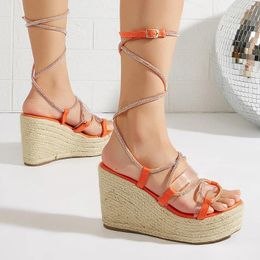 Sandals 10cm Orange Heeled Wedges Shoes For Women Belt Rhinestone Cross Strappy Platform Green Sandalias Mujer 2024