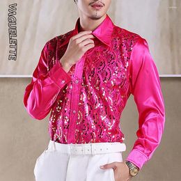 Men's Dress Shirts Luxury Sequins Ruffles Tuxedo For Men Red/Pink Wedding Stage Clothes Formal&Casual Shirt Long Sleeve S-L