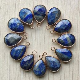 Pendant Necklaces Natural Lapis Lazuli Section Water Drop Gold Colour Connector Pendants For Bracelets Necklace Making Wholesale 12pcs/lot