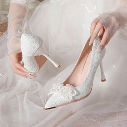 Dress Shoes Size 31-43 Stiletto Heel Pointed Toe Sexy High Heels Lace Pearls Banquet White Wedding Women