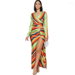 Work Dresses WUHE Striped Print Dress Suits Long Sleeve V Neck Crop Top High Slit Maxi Skirt Set 2024 Elegant Party Women Two Piece Outfits
