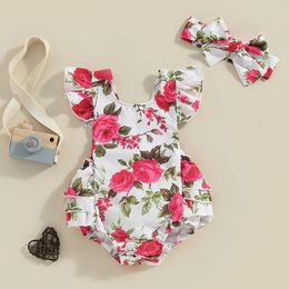 Clothing Sets Born Girl Outfit Sleeve Crew Neck Flower Print Romper With Hairband Summer 2 Pieces Clothes Set For 0-24 Months