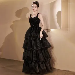 Ethnic Clothing Women Sexy Exquisite Sequins Banquet Dress Prom Gown Elegant Black Spaghetti Strap Evening