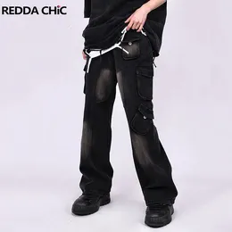 Men's Jeans REDDACHIC Retro Black Multi-pocket Cargo Men Distressed Baggy Line Spliced Casual Wide Pants Work Wear