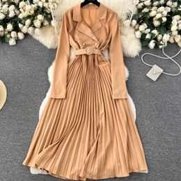 Casual Dresses Long-sleeved Dress Suit Collar Double-breasted Long Pleated Elegant