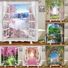 Shower Curtains 3D Window Opening Scenery Landscape Printed Curtain Mildew Washable Bathroom Decoration With Hooks