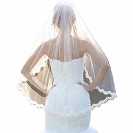 white Ivory Wedding One-tier Fingertip Veils Lace Applique Edge With Comb M5zP#