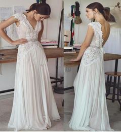 vintage lace beaded wedding dresses 2017 simple Aline v neckline v backless sweep train bridal gowns6966471